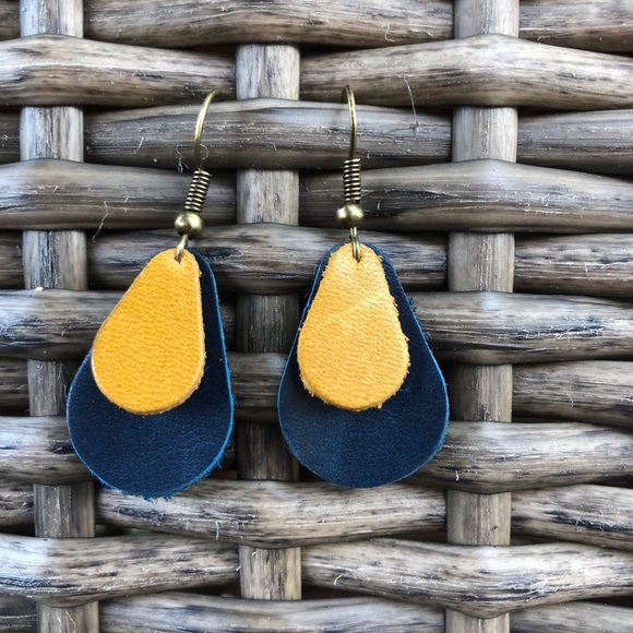 Fall Gold ,Blue leather teardrop leather earrings - Picture 2 of 3